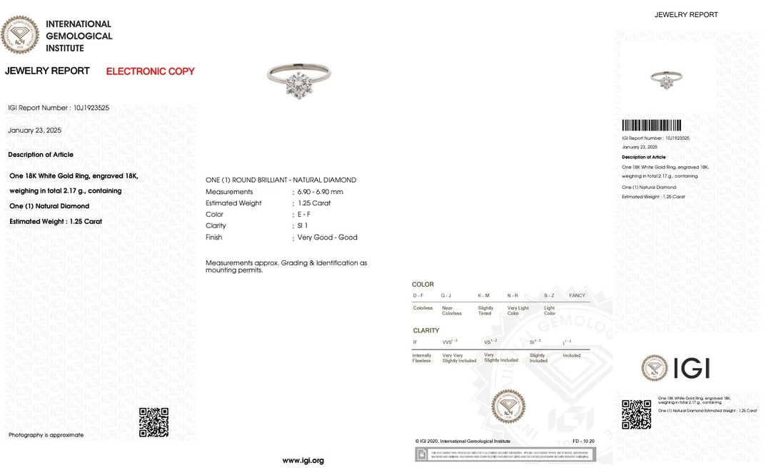 Official IGI certificate for the 1.25ct diamond ring in white gold