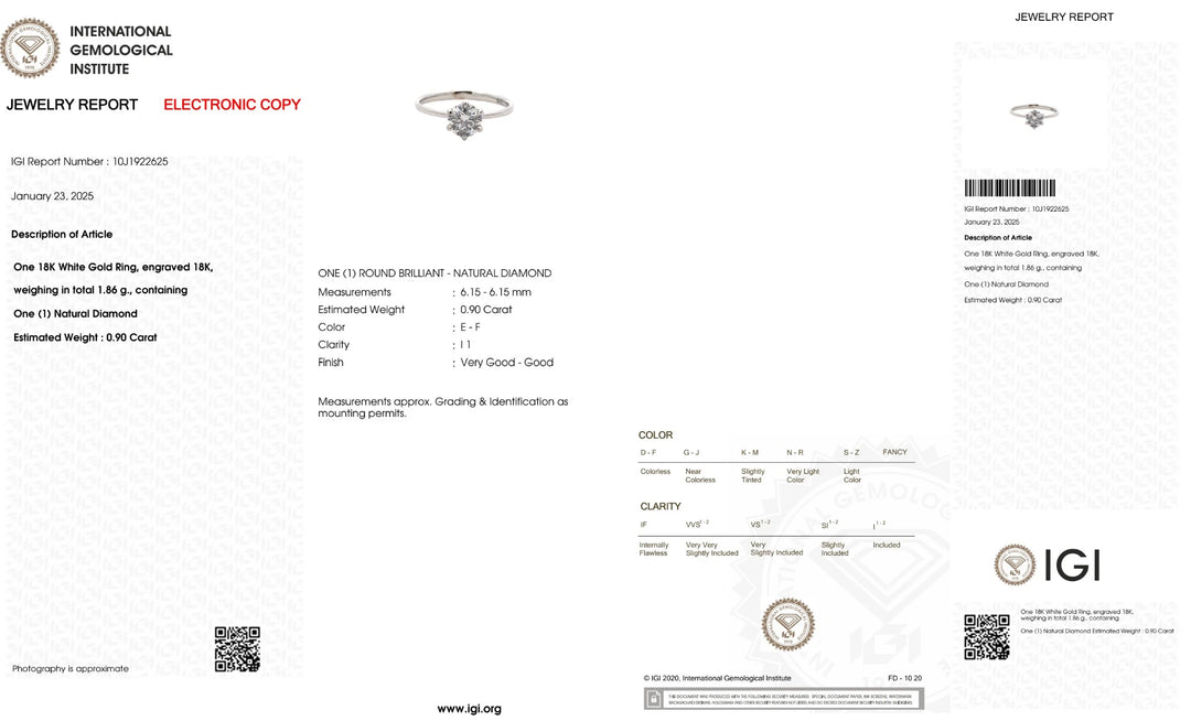 Official IGI certificate for 0.90ct diamond ring in 18k white gold, showing color, clarity and measurements
