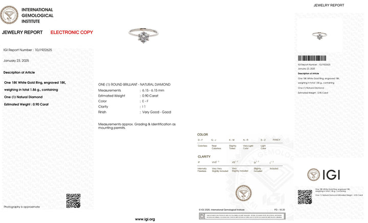 Official IGI certificate for 0.90ct diamond ring in 18k white gold, showing color, clarity and measurements