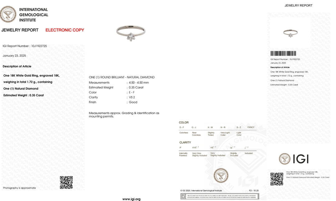Official International Gemological Institute (IGI) report detailing a 0.35-carat natural diamond (E-F color, VS2 clarity) set in an 18K white gold ring. Includes QR code, report number (10J1922725), and security features like watermarks and holograms