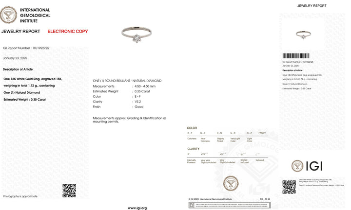 Official International Gemological Institute (IGI) report detailing a 0.35-carat natural diamond (E-F color, VS2 clarity) set in an 18K white gold ring. Includes QR code, report number (10J1922725), and security features like watermarks and holograms