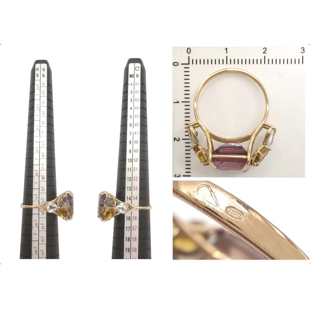 Measurement scale and size chart for a handcrafted cocktail ring in 14K yellow gold with a central ametrine, amethyst, and aquamarine accents