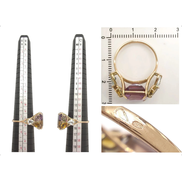 Measurement scale and size chart for a handcrafted cocktail ring in 14K yellow gold with a central ametrine, amethyst, and aquamarine accents