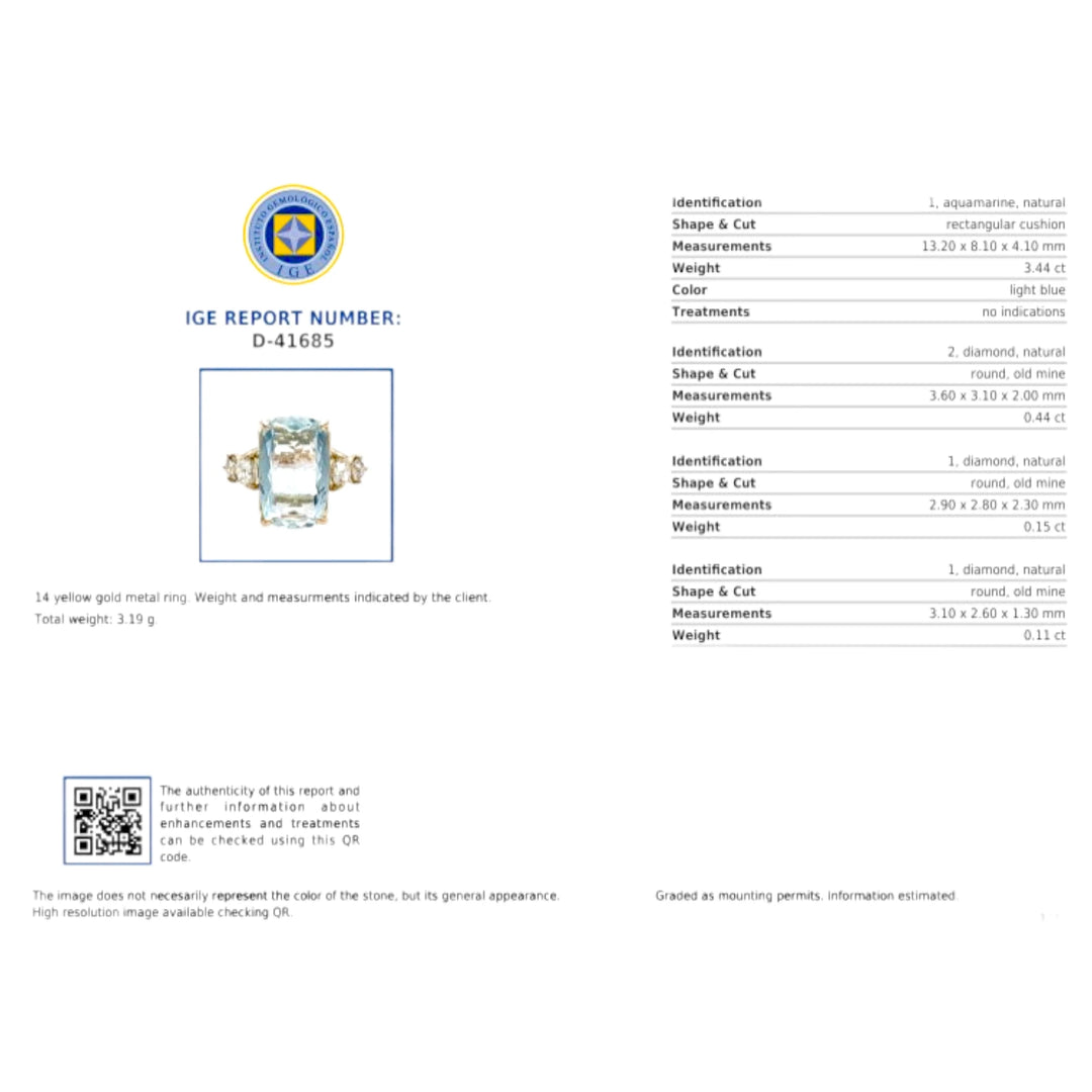Gemological certificate for a 14K yellow gold ring with a cushion-cut aquamarine and diamonds