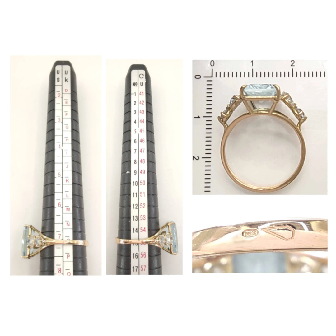 Measurement scale and size chart for a 14K yellow gold aquamarine and diamond ring