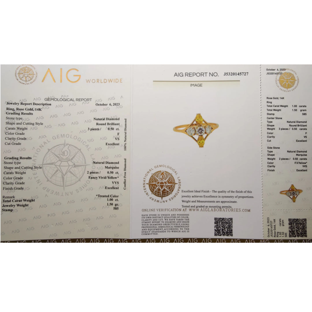 Image of the gemological certificate for a 14K yellow gold engagement ring with certified natural and genuine diamonds in brilliant and fancy yellow marquise cuts
