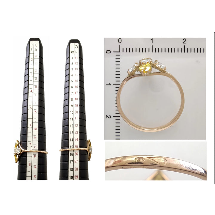 Measurement and size chart for a 14K yellow gold engagement ring with brilliant and fancy yellow marquise diamonds, ensuring the perfect fit and satisfaction for the buyer