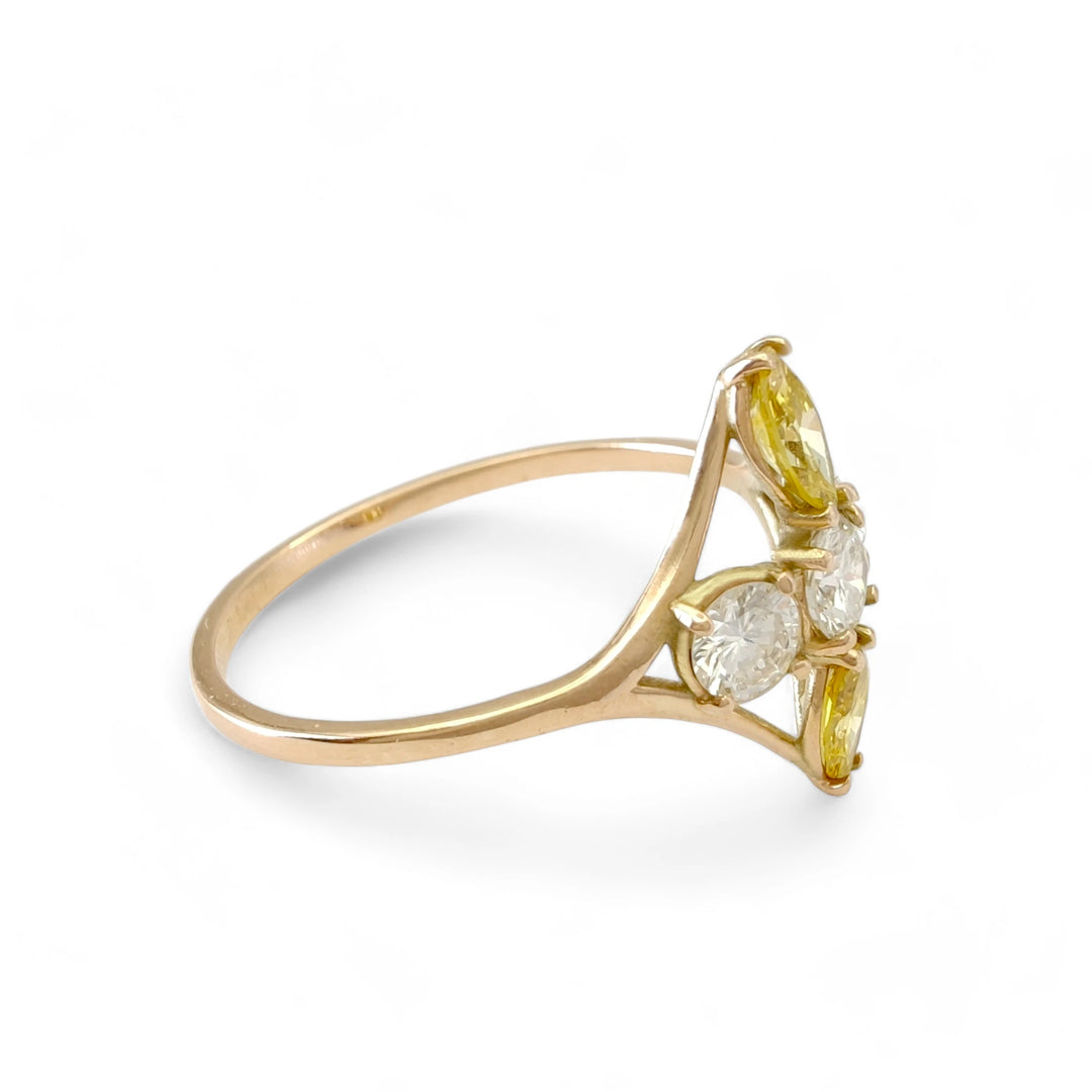 Right side view of a 14K yellow gold engagement ring with brilliant and fancy yellow marquise diamonds, perfect for those looking to buy a distinctively styled engagement ring