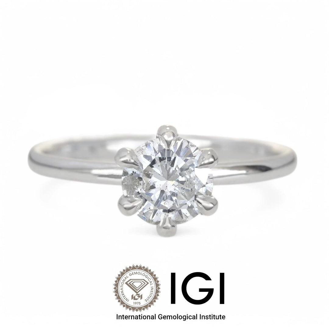 Front view of certified diamond solitaire ring with IGI seal