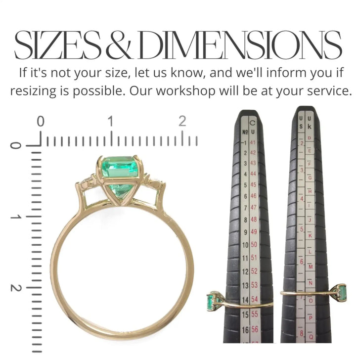 Measurement scale and size chart for a women’s 18K yellow gold trilogy ring with an emerald and diamonds