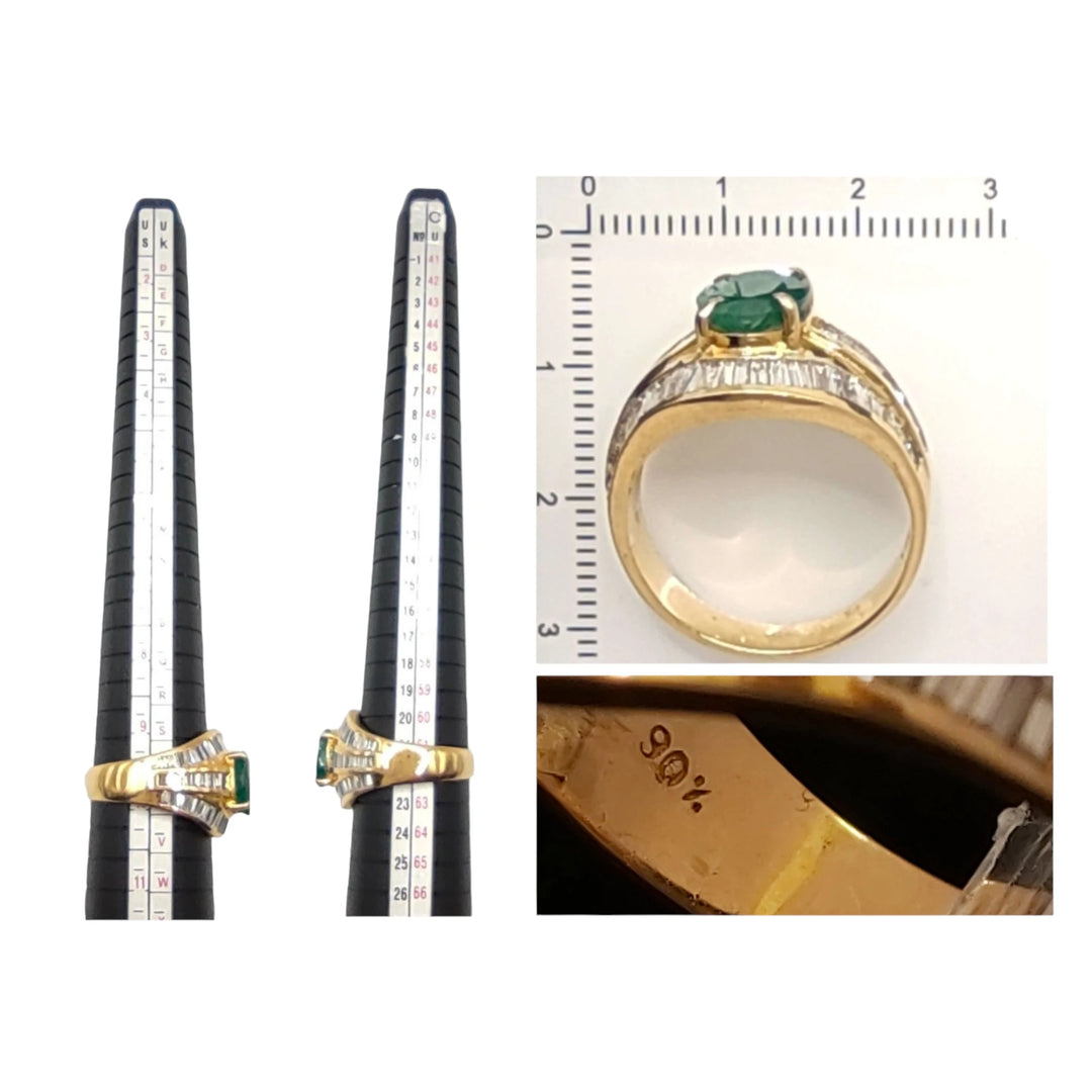 Measurement scale and size chart for a grand 22K gold cocktail ring adorned with an oval emerald and diamond baguettes, ensuring a perfect fit for its wearer