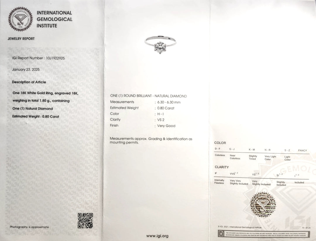 IGI Jewelry Report for a 0.80-carat H-I color, VS2 clarity round brilliant diamond set in an 18K white gold ring (Report #10J1922925, dated January 23, 2025