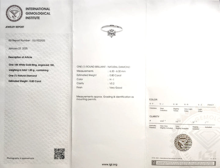 IGI Jewelry Report for a 0.80-carat H-I color, VS2 clarity round brilliant diamond set in an 18K white gold ring (Report #10J1922925, dated January 23, 2025