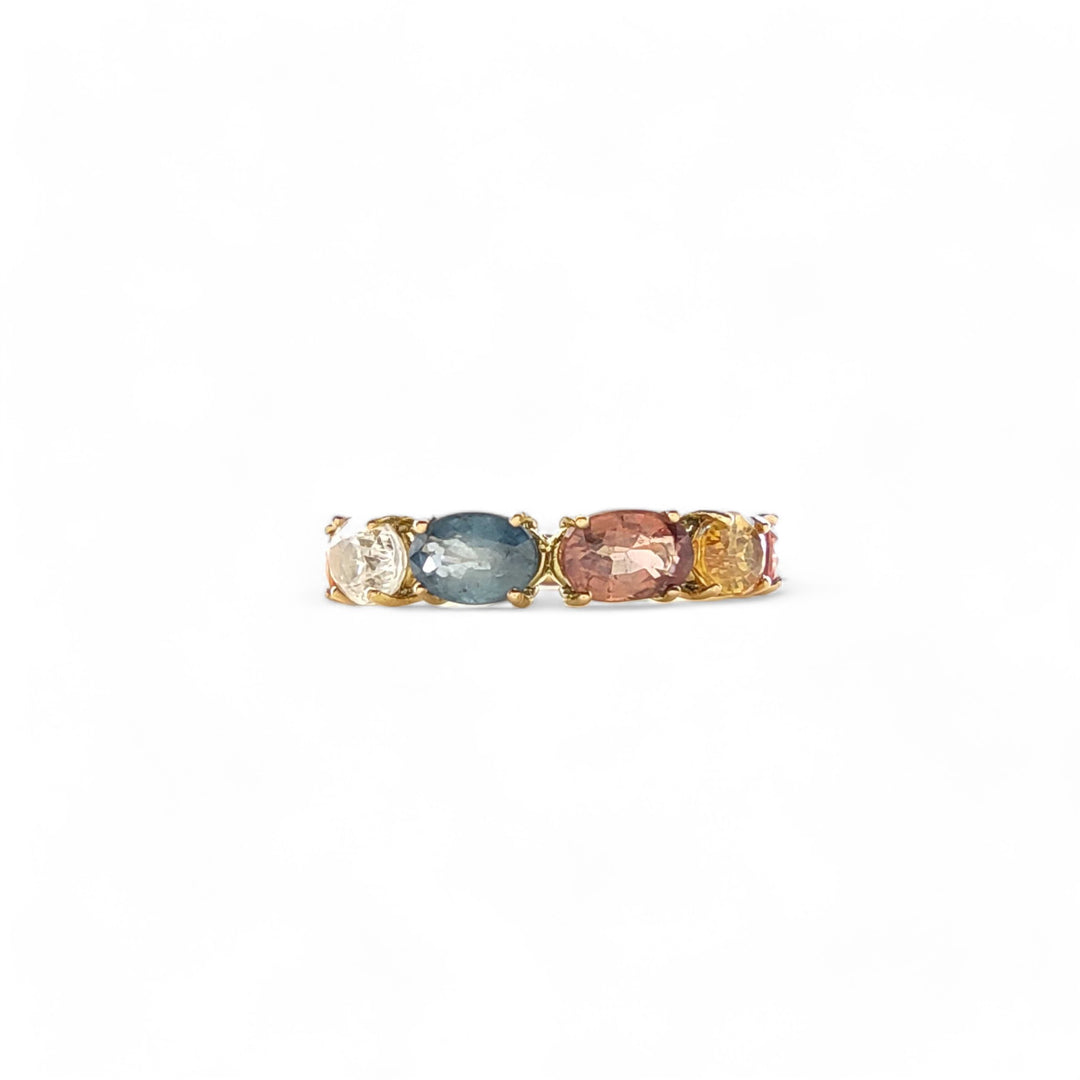 14k yellow gold infinity ring for women with multicolor oval-cut sapphires - horizontal view