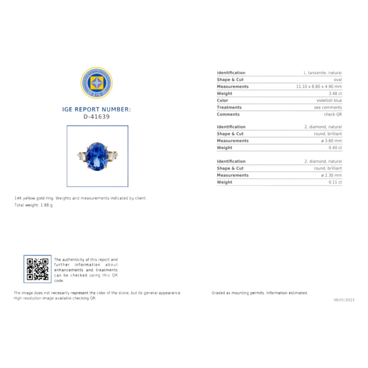 Gemological certificate for a 14K yellow gold women’s ring with an oval Tanzanite and diamond accents