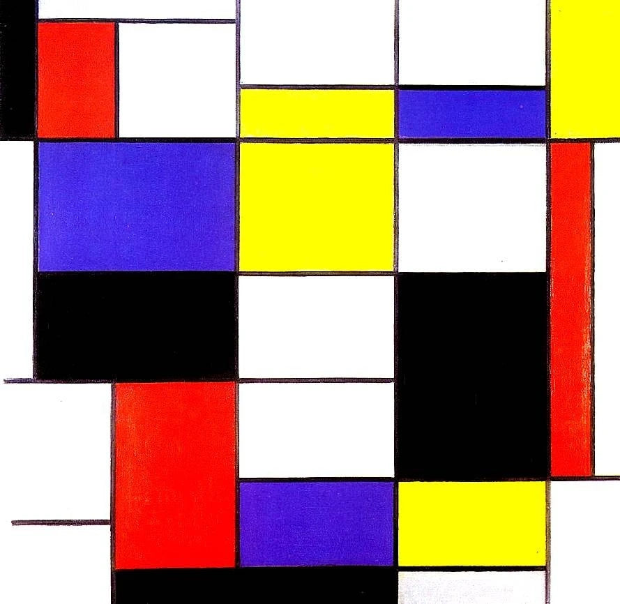 "Composition with Red, Blue and Yellow" by Piet Mondrian, showcasing geometric abstraction with primary colors and black lines, representing the De Stijl movement's principles of harmony and balance in modern art