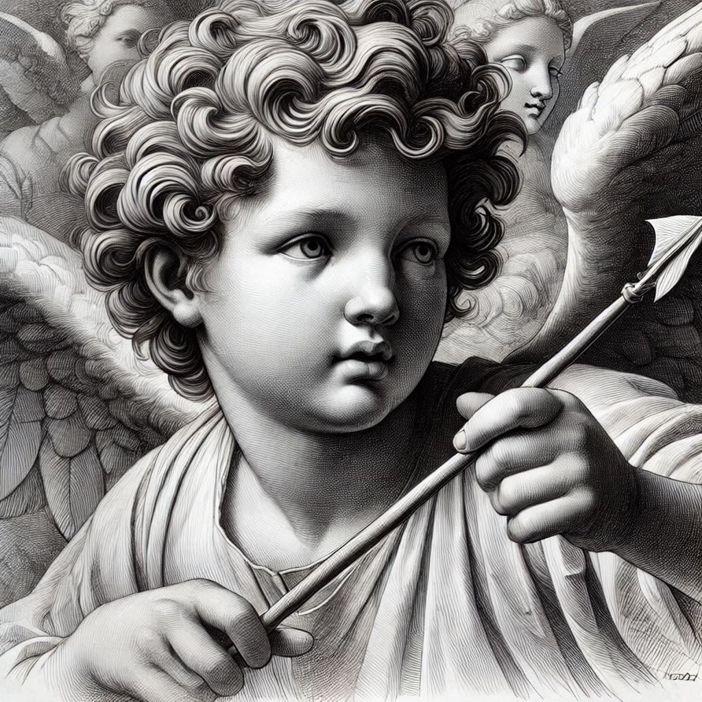 Cupid depicted as an angel in a Renaissance artithe image captures the classical mythology and romantic symbolism of Cupid