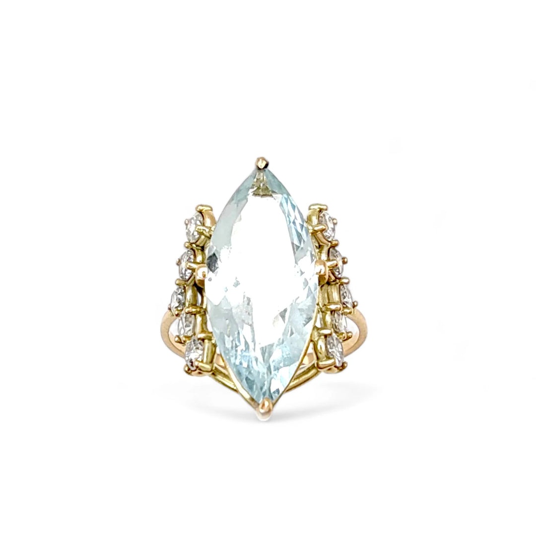 Marquise Aquamarine Diamond Ring - 14K Handmade