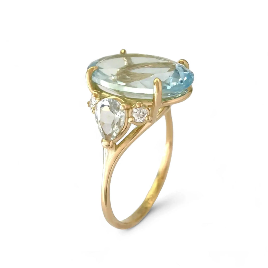 18k solid yellow gold Aquamarine and Diamond Gold Ring for her - Engagement gift