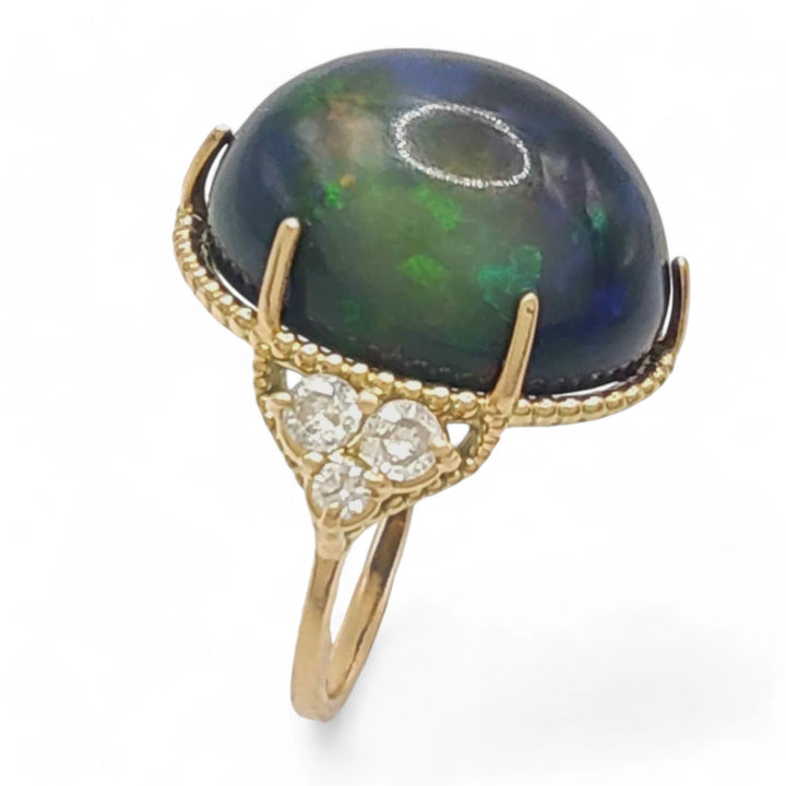 14k Yellow Gold Vintage Style Ring with Teal Blue Opal and Diamonds