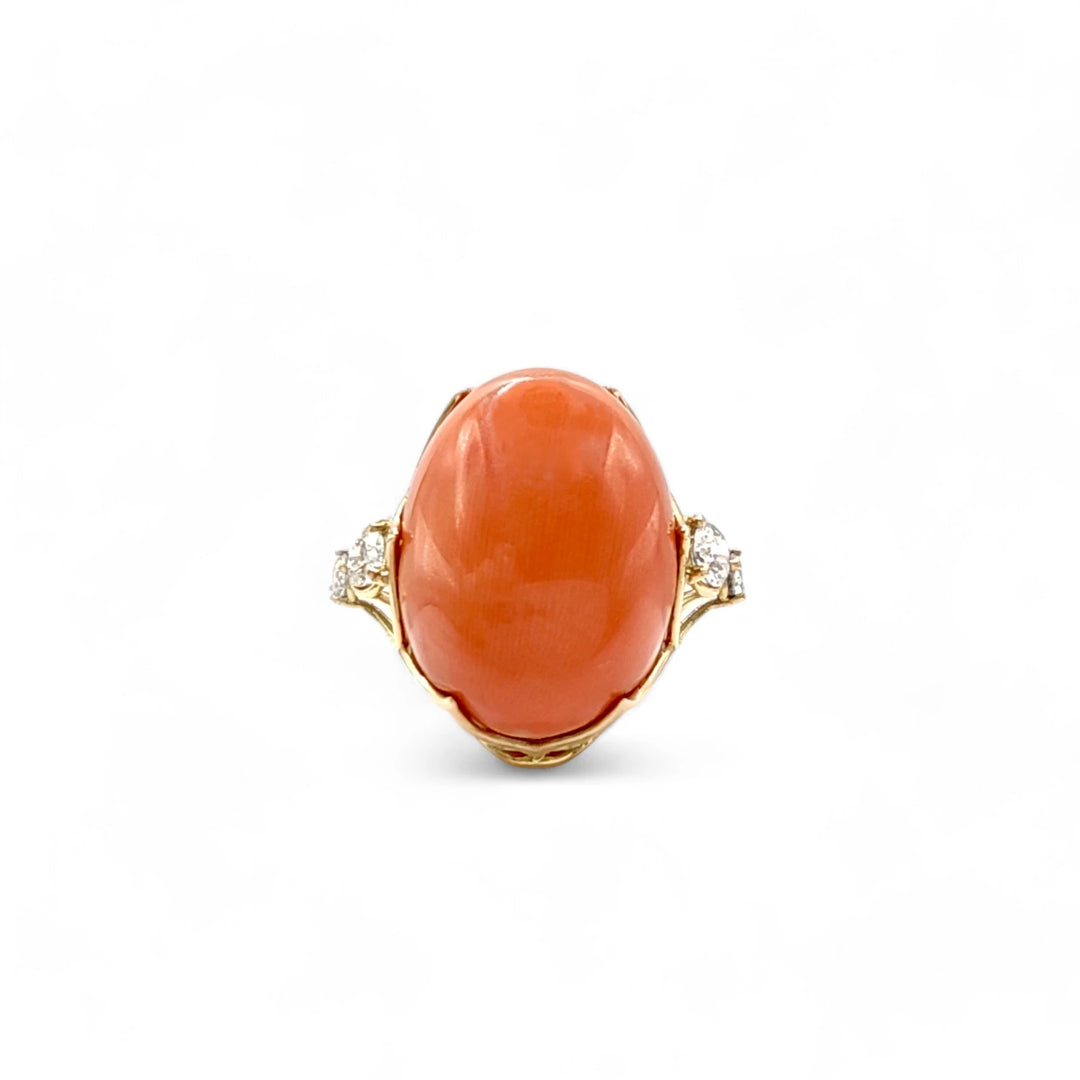 Red Coral & Diamond Ring - 14K Gold Unique Design