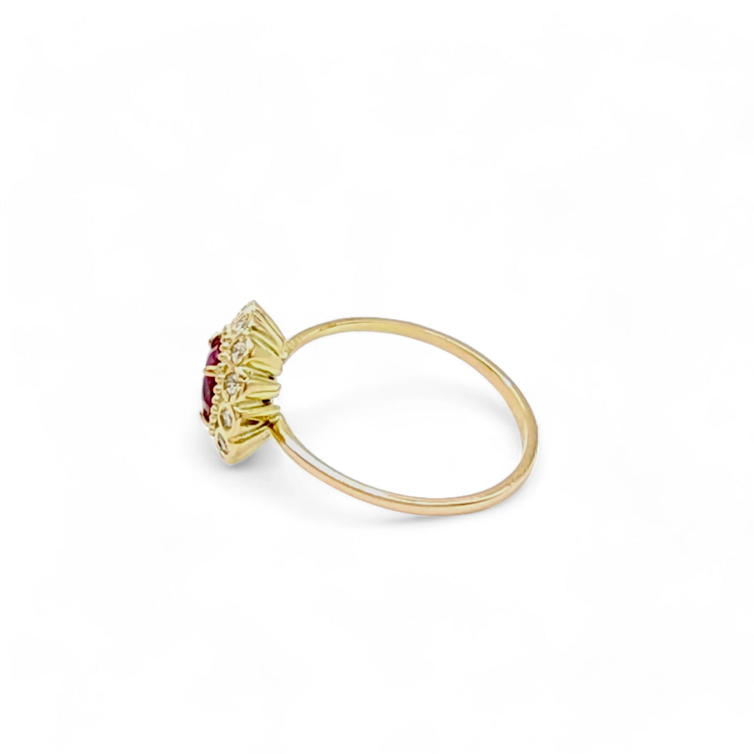 Ruby & Diamond Rosette 14K Ring - Handmade Beauty