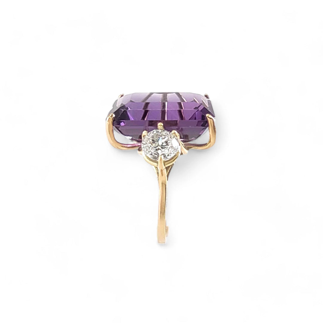 14k Gold Women’s Cocktail Ring, Three-Stone Amethyst -Diamonds