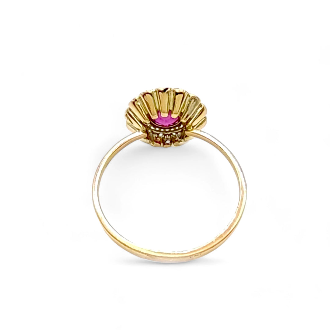 Ruby & Diamond Rosette 14K Ring - Handmade Beauty