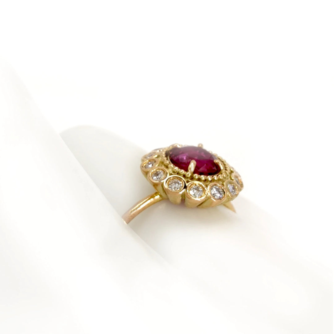 Ruby & Diamond Rosette 14K Ring - Handmade Beauty