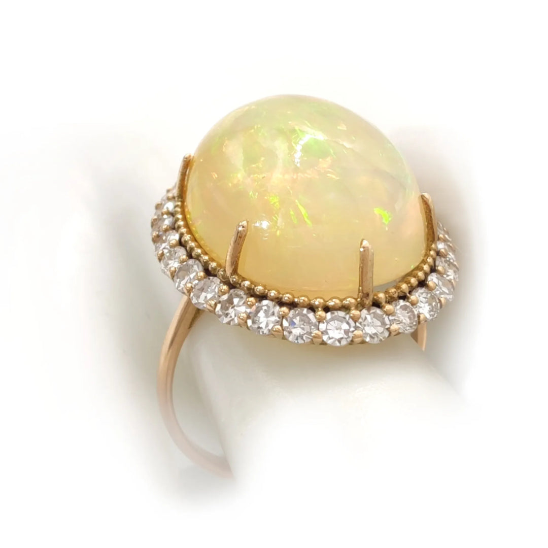 Opal Diamond Halo Ring in 14K Gold - Handcrafted