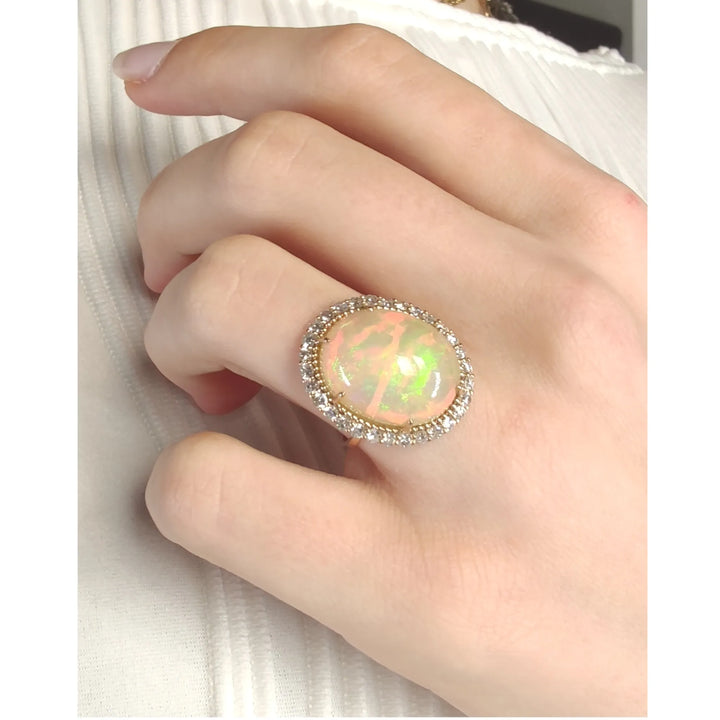 Opal Diamond Halo Ring in 14K Gold - Handcrafted