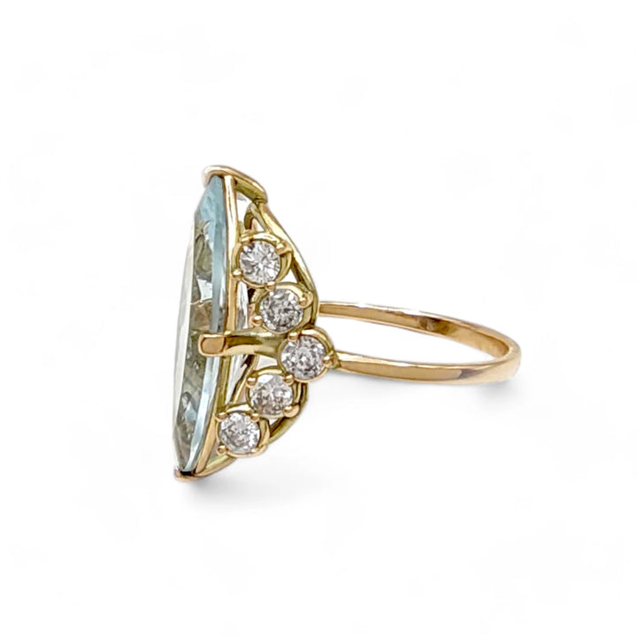 Marquise Aquamarine Diamond Ring - 14K Handmade