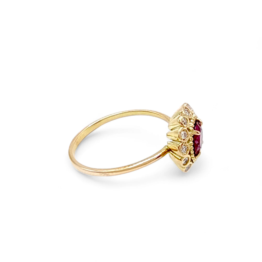 Ruby & Diamond Rosette 14K Ring - Handmade Beauty