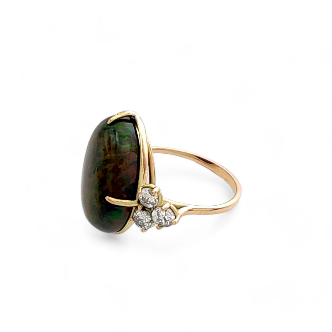 Oval Black Opal 14kt Gold Ring - Handmade Elegance