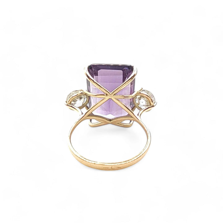 14k Gold Women’s Cocktail Ring, Three-Stone Amethyst -Diamonds