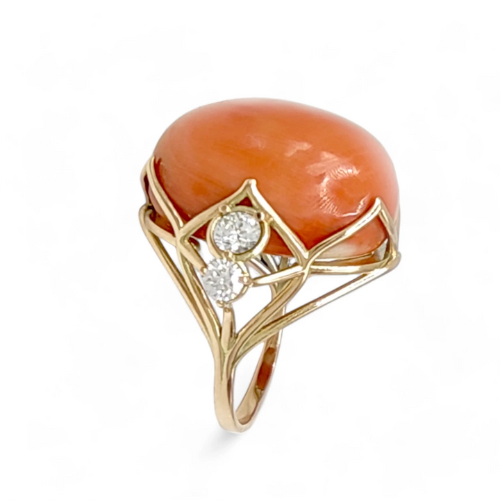 Red Coral & Diamond Ring - 14K Gold Unique Design