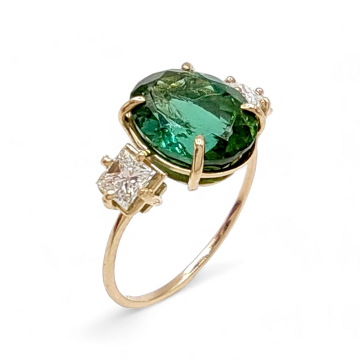 Tourmaline & Diamond 14K Gold Ring - Elegant Handcraft