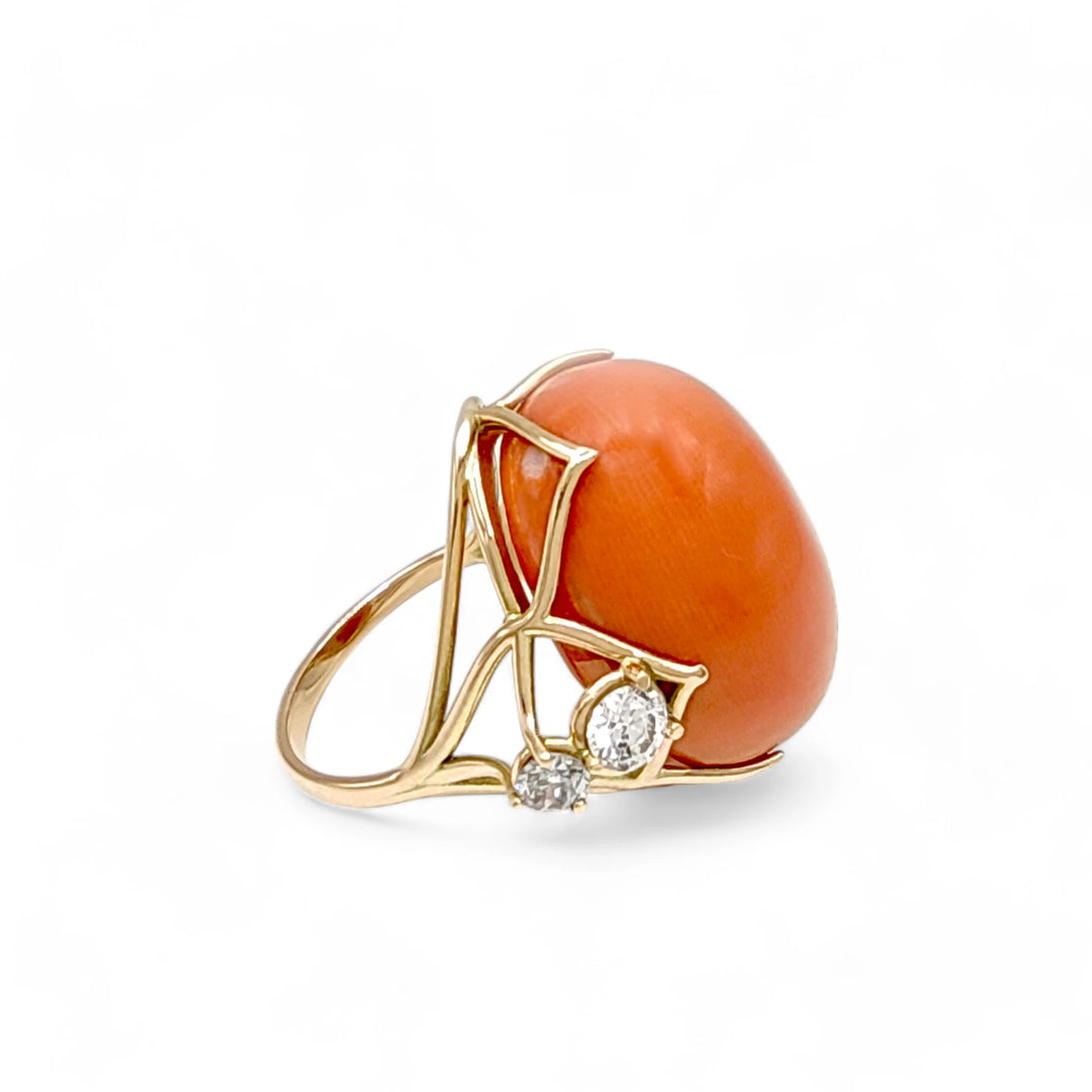 Red Coral & Diamond Ring - 14K Gold Unique Design