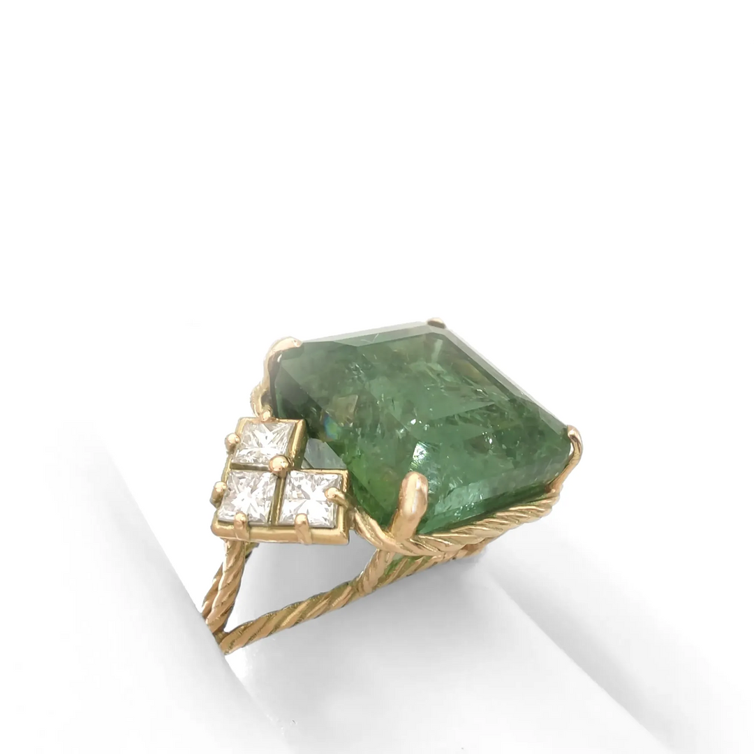 Green Tourmaline Princess Cut Diamond Ring - 14K Gold