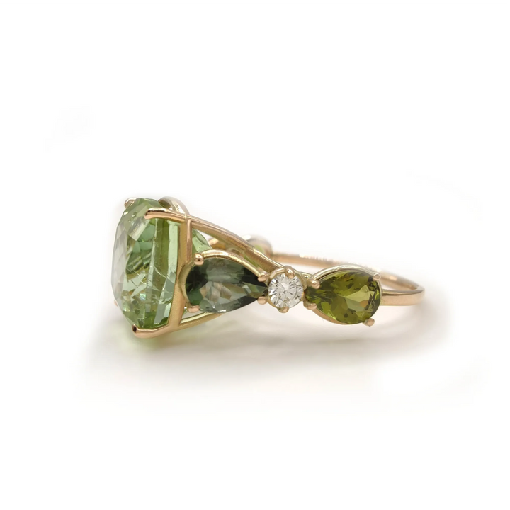 Handcrafted Green Tourmaline Diamond Ring in 14K Gold