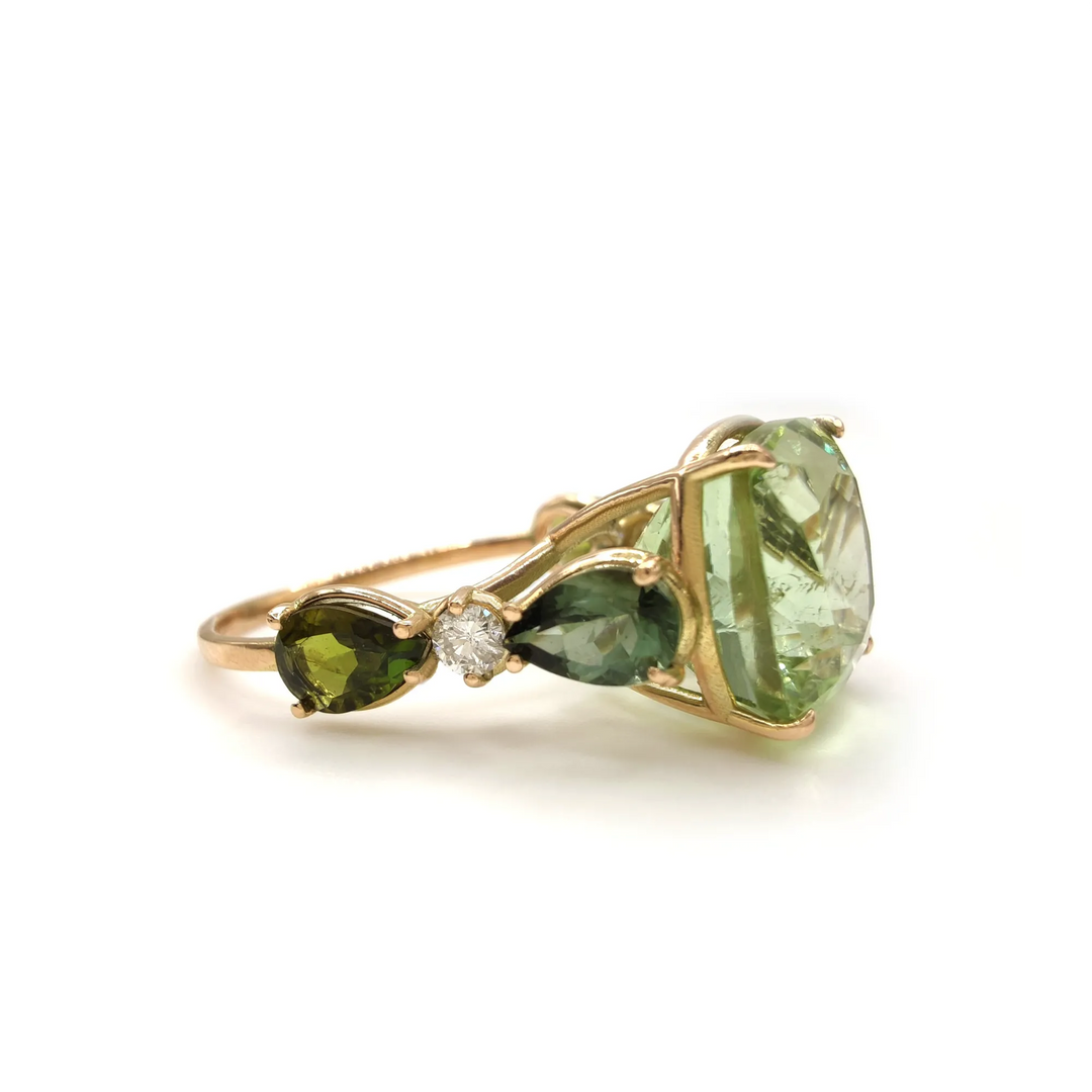 Handcrafted Green Tourmaline Diamond Ring in 14K Gold