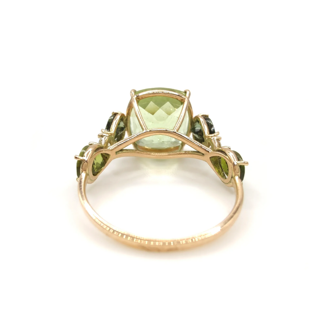 Handcrafted Green Tourmaline Diamond Ring in 14K Gold