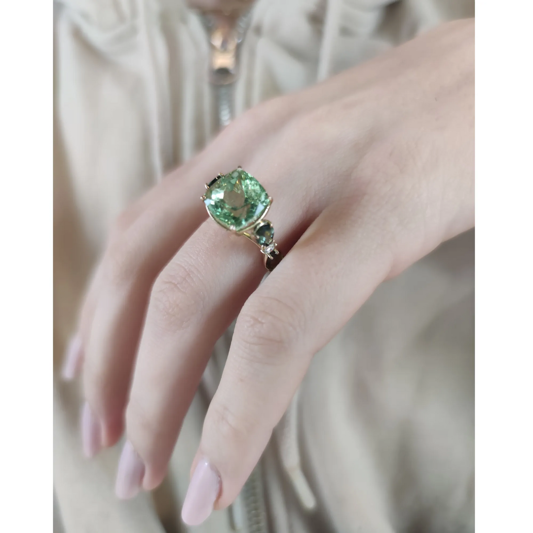 Handcrafted Green Tourmaline Diamond Ring in 14K Gold