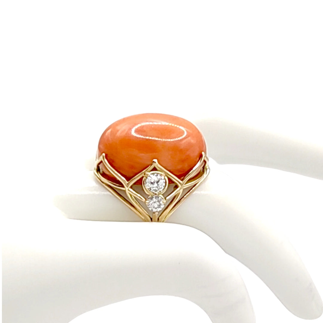 Red Coral & Diamond Ring - 14K Gold Unique Design