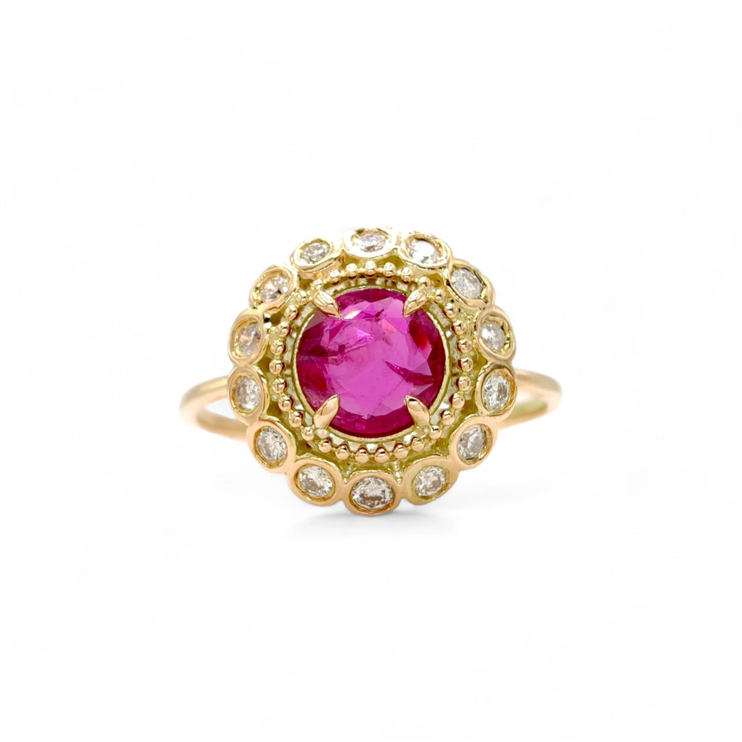 Ruby & Diamond Rosette 14K Ring - Handmade Beauty