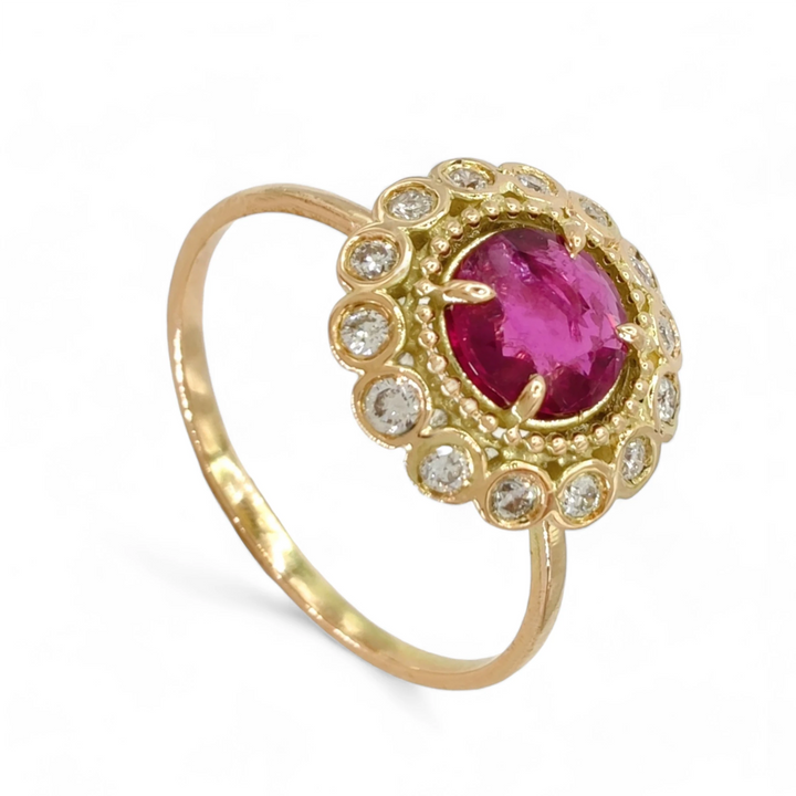 Ruby & Diamond Rosette 14K Ring - Handmade Beauty