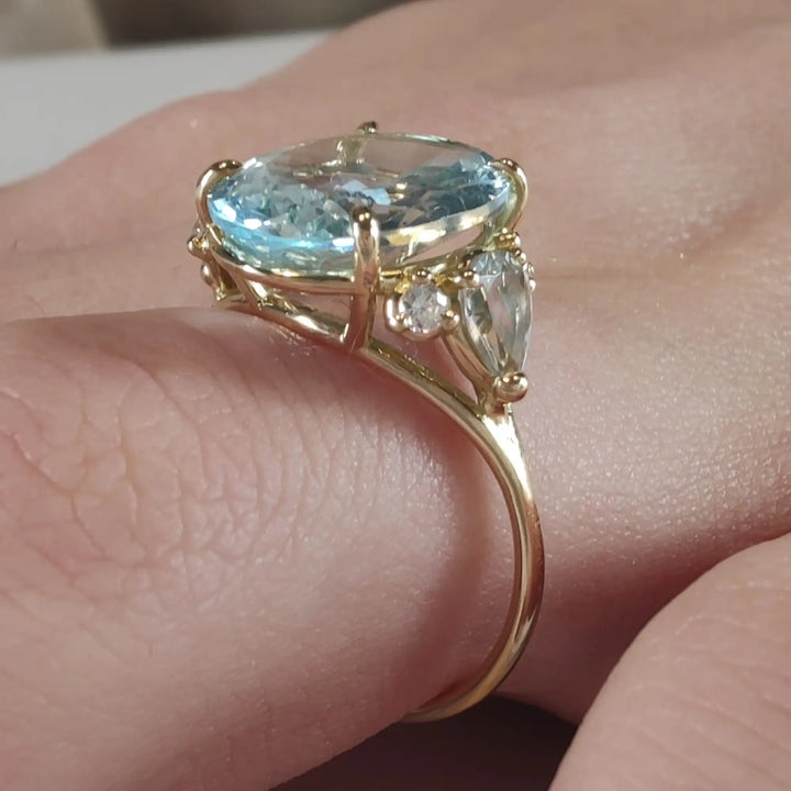 18k solid yellow gold Aquamarine and Diamond Gold Ring for her - Engagement gift