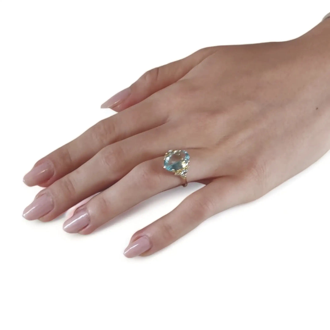 18k solid yellow gold Aquamarine and Diamond Gold Ring for her - Engagement gift