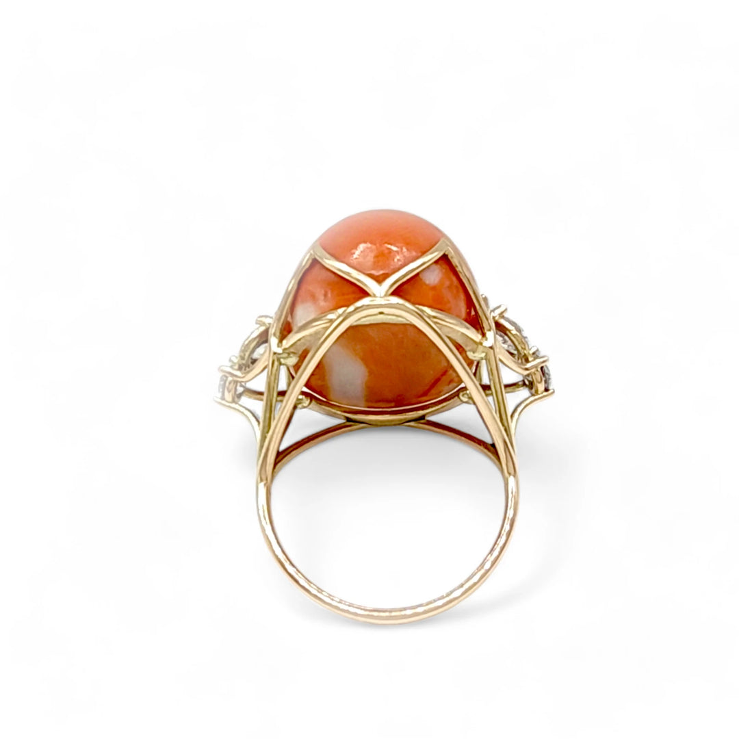 rear view ring, coral and diamond, gold band, unique design, handcrafted ring