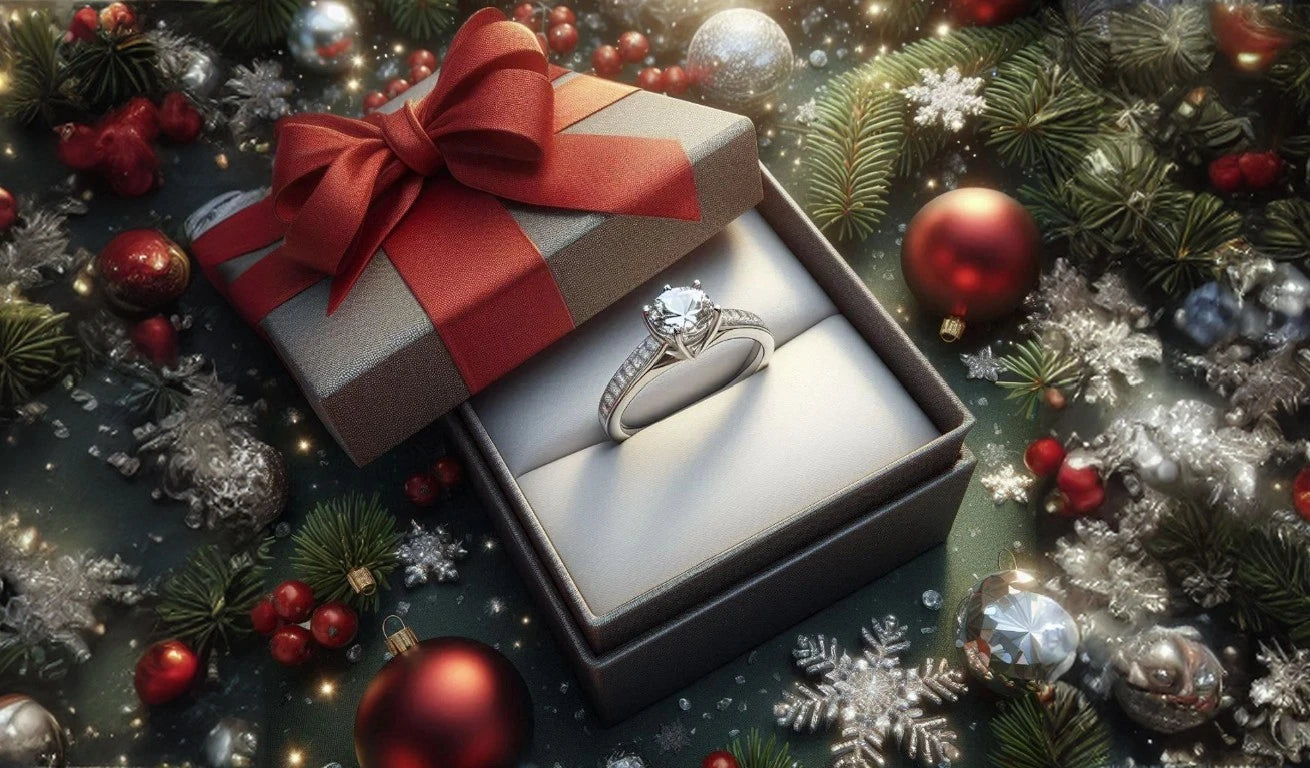 Gray jewelry gift box with white gold diamond ring in a Christmas setting